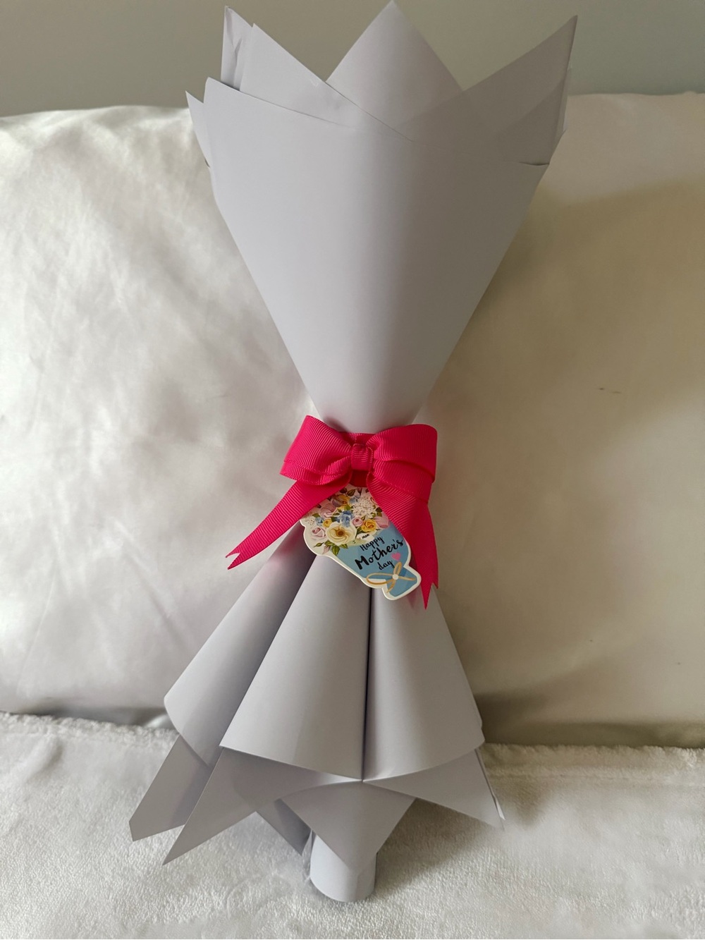 Handmade Paper Bouquet with Bright Pink Ribbon hand made